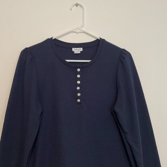 SPLENDID ANTHROPOLOGIE ANTHRO Waffle Mixed Puff Sleeve Top Navy Blue Henley Knit - Picture 3 of 14